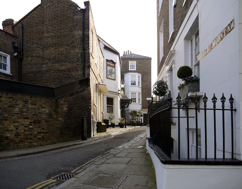 A narrow, quiet street in Hampstead featuring a white building with a black wrought-iron fence and decorative planters on the windowsills. The terrace is adorned with neatly trimmed spherical bushes, 